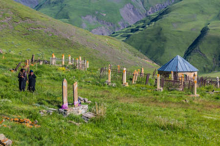 XINALIQ, AZERBAIJAN - JUNE 14, 2018: Cemetery in Xinaliq (Khinalug) village, Azerbaijan