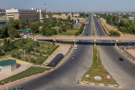 KHUJAND, TAJIKISTAN - MAY 7, 2018: Aerial view of Tashkent avenue in Khujand, Tajikistanのeditorial素材
