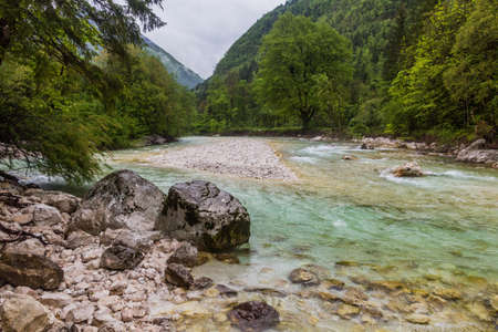 Soca river near Bovec village, Sloveniaの写真素材
