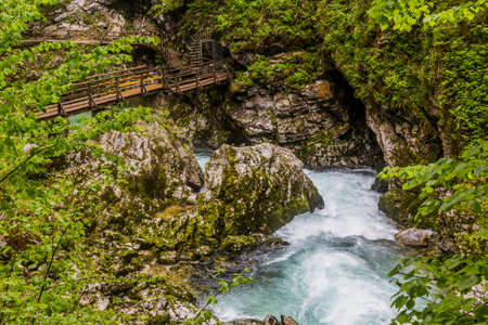 Boardwalk in Vintgar gorge near Bled, Sloveniaの写真素材