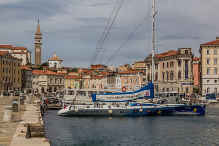 PIRAN, SLOVENIA - MAY 15, 2019: Boats in Piran marina, Slovenia