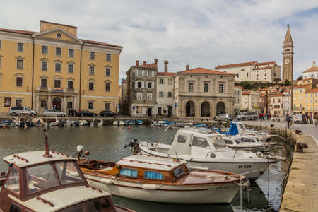 PIRAN, SLOVENIA - MAY 15, 2019: Boats in Piran marina, Slovenia
