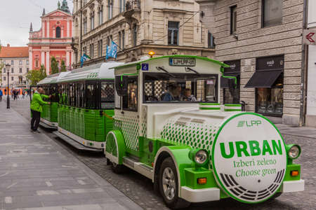 LJUBLJANA, SLOVENIA - MAY 14, 2019: Tourist train in the center of Ljubljana, Sloveniaのeditorial素材