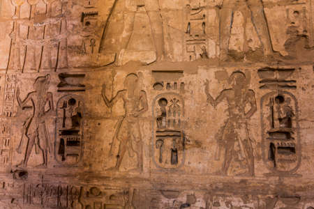 Hieroglyphs in Medinet Habu (Mortuary temple of Ramesses III) at the Theban Necropolis, Egyptの写真素材