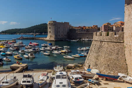 DUBROVNIK, CROATIA - MAY 31, 2019: Boats in the old town of Dubrovnik, Croatiaのeditorial素材