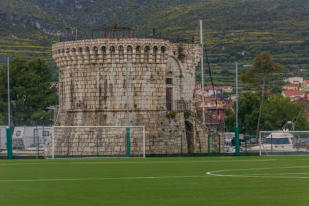 Tower and a soccer field in Trogir, Croatiaのeditorial素材