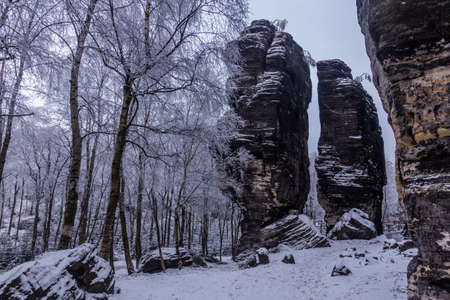 Winter view of a landscape of Tiske steny rocks, Czech Republicの写真素材