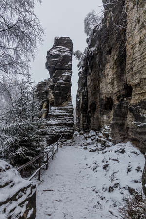 Winter view of a landscape of Tiske steny rocks, Czech Republicの写真素材