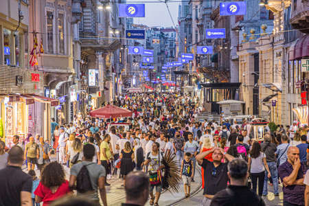 ISTANBUL, TURKEY - JULY 22, 2019: Evening view of crowds at Istiklal avenue in Istanbul, Turkeyのeditorial素材