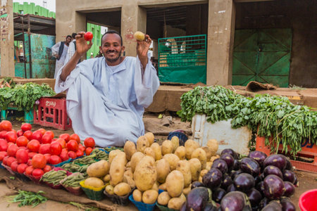 SHENDI, SUDAN - MARCH 5, 2019: Vegetable seller in Shendi, Sudanのeditorial素材