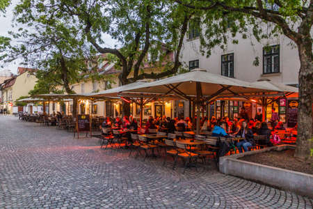 LJUBLJANA, SLOVENIA - MAY 13, 2019: Open air restaurants in Ljubljana, Sloveniaのeditorial素材