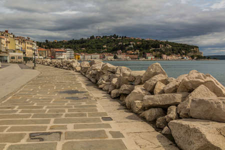 Seaside promenade in Piran town, Sloveniaのeditorial素材
