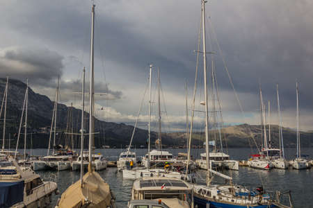 KORCULA, CROATIA - MAY 29, 2019: Boats in a marina of Korcula, Croatia