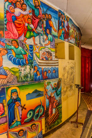 TANA, ETHIOPIA - APRIL 1, 2019: Colorful paintings in Entos Eyesu Monastery, Ethiopiaのeditorial素材