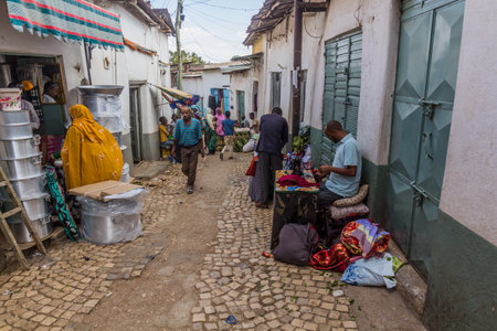 HARAR, ETHIOPIA - APRIL 8, 2019: Mekina Girgir street full of tailors in Harar, Ethiopiaのeditorial素材