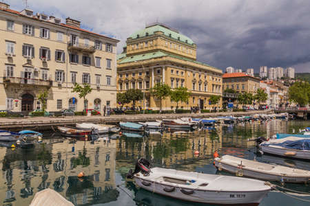 RIJEKA, CROATIA - MAY 23, 2019: Small boats at Mrtvi canal and Ivan Zajc Rijeka Croatian National...