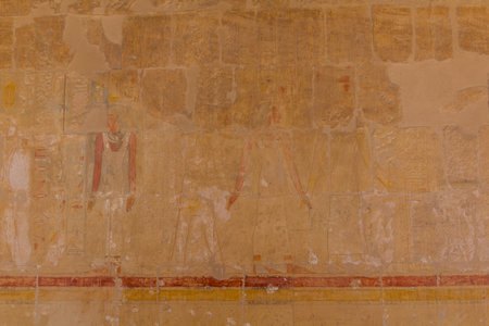LUXOR, EGYPT - FEB 18, 2019: Wall decorations of the Temple of Hatshepsut at the Luxor's West bank, Egyptのeditorial素材