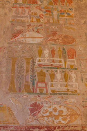 LUXOR, EGYPT - FEB 18, 2019: Wall decorations of the Temple of Hatshepsut at the Luxor's West bank,...