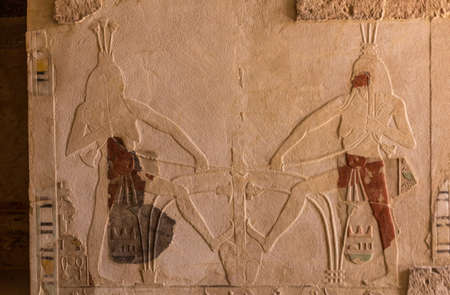 LUXOR, EGYPT - FEB 18, 2019: Wall decorations of the Temple of Hatshepsut at the Luxor's West bank,...