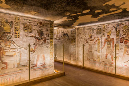 LUXOR, EGYPT - FEB 20, 2019: Ramesses III tomb at the Valley of the Kings at the Theban Necropolis,...