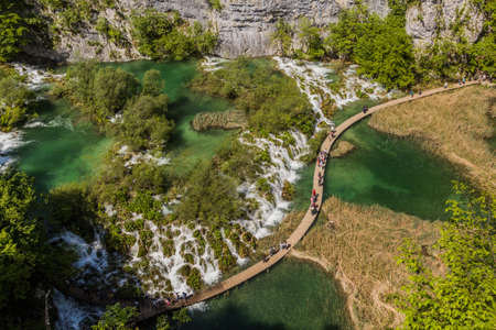 PLITVICE, CROATIA - MAY 24, 2019: Aerial view of Big cascades boardwalk in Plitvice Lakes National Park, Croatiaのeditorial素材
