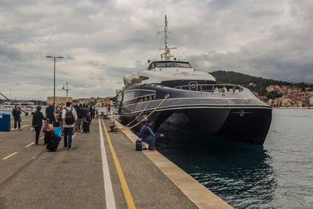 SPLIT, CROATIA - MAY 29, 2019: Catamaran Krilo Eclipse in the harbor of Split, Croatiaのeditorial素材