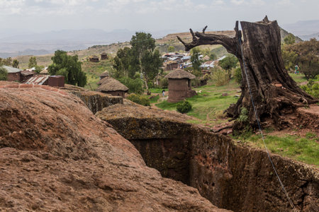 Rouds houses seen from a rock-cut church in Lalibela, Ethiopiaの写真素材
