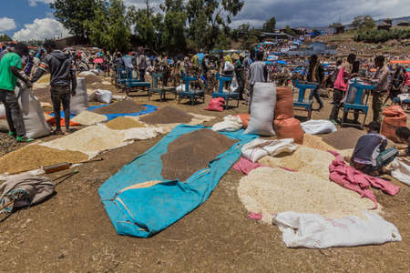 LALIBELA, ETHIOPIA - MARCH 30, 2019: Grains for sale at the Saturday market in Lalibela, Ethiopia