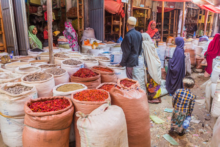 HARAR, ETHIOPIA - APRIL 9, 2019: Street market offering spices in the old town of Harar, Ethiopiaのeditorial素材