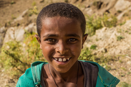 LALIBELA, ETHIOPIA - MARCH 30, 2019: Portrait of a young boy near Lalibela, Ethiopia