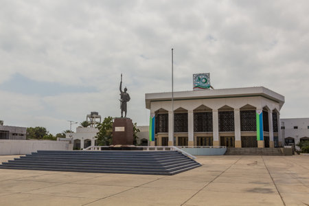 DJIBOUTI, DJIBOUTI - APRIL 18, 2019: Monument of Martyrs in front of the People's Palace (Palais du Peuple) in Djibouti, capital of Djibouti.のeditorial素材