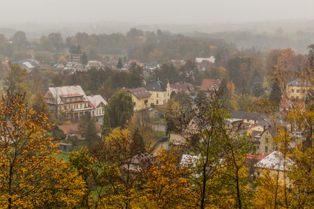 Autumn aerial view of Potstejn village, Czech Republic