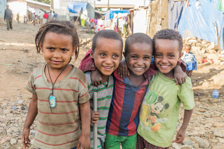 GONDAR, ETHIOPIA - MARCH 13, 2019: Group of children in Gondar, Ethiopia.