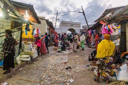 HARAR, ETHIOPIA - APRIL 8, 2019: Street market at Shoa Gate in Harar, Ethiopiaのeditorial素材