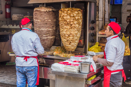 CAIRO, EGYPT - JANUARY 26, 2019: Shawarma street food stall in Cairo, Egypt