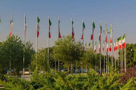 Flags of Iran at BabaTaher square in Hamadan, Iran