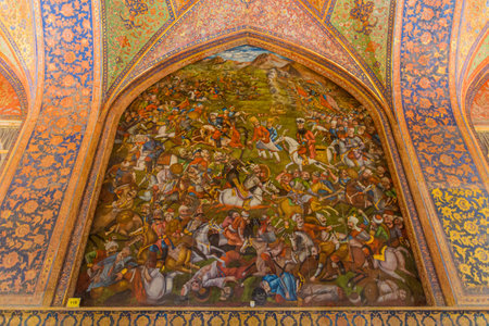 ISFAHAN, IRAN - JULY 9, 2019: Fresco in Chehel Sotoon Palace in Isfahan, Iran