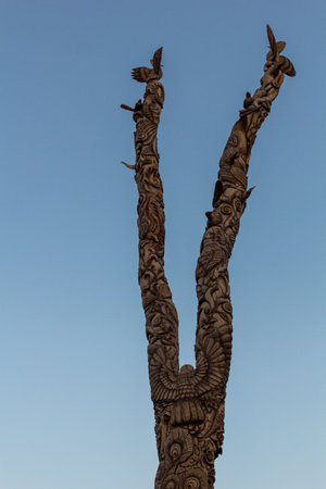 SHIRAZ, IRAN - JULY 8, 2019: Carved tree trunk in Jahan Nama garden in Shiraz, Iranのeditorial素材