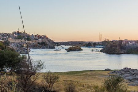 Sunset at the river Nile in Aswan, Egyptの写真素材