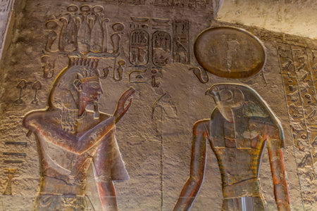 LUXOR, EGYPT - FEB 20, 2019: The pharaoh is welcomed to the afterlife by the god Horus. Ramesses III tomb at the Valley of the Kings at the Theban Necropolis, Egyptの写真素材