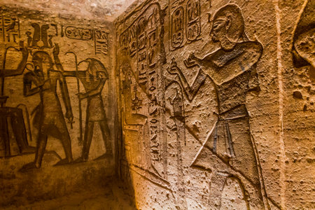 ABU SIMBEL, EGYPT - FEB 22, 2019: Walls of the Great Temple of Ramesses II  in Abu Simbel, Egypt.