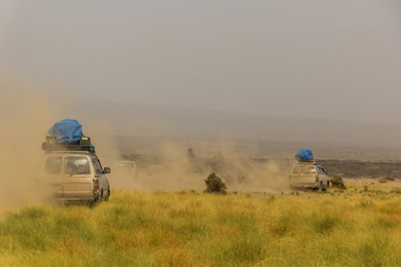 Tourist vehicles on their way to Erta Ale volcano in Afar depression, Ethiopiaのeditorial素材