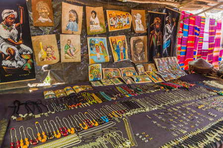 TANA, ETHIOPIA - APRIL 1, 2019: Religious items for sale at souvenir stalls at Zege peninsula in Tana lake, Ethiopiaのeditorial素材