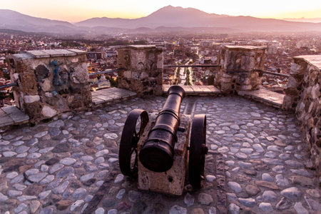 Evening view of a cannon at Kalaja fortress in Prizren, Kosovoの写真素材