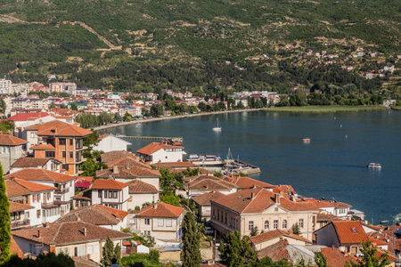 View of Ohrid lake from Ohrid town, North Macedoniaの写真素材