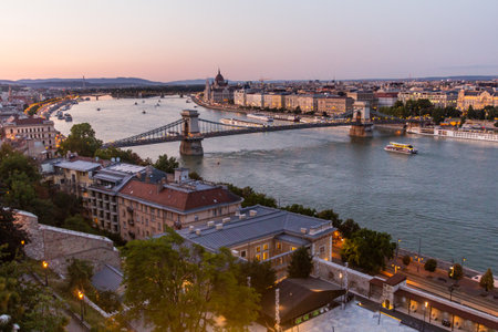 Evening view of Danube river with Szechenyi Lanchid bridge in Budapest, Hungaryのeditorial素材