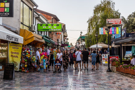 OHRID, NORTH MACEDONIA - AUGUST 7, 2019: Pedestrian street in the old town of Ohrid town, North Macedoniaのeditorial素材