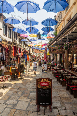 SKOPJE, NORTH MACEDONIA - AUGUST 9, 2019: Street with umbrellas in Charshija (Bazaar) neighborhood of Skopje, North Macedoniaのeditorial素材