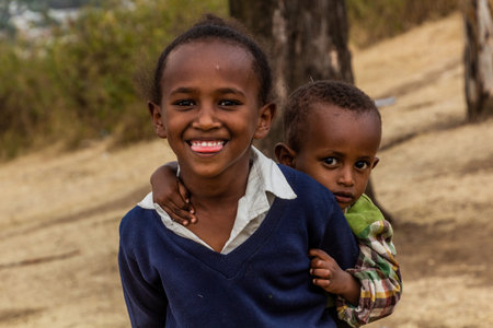 HAWASSA, ETHIOPIA - JANUARY 27, 2020: Children on Tabor (Tabour) mountain in Hawassa, Ethiopia