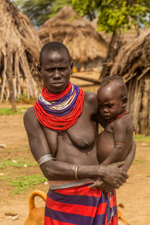 KORCHO, ETHIOPIA - FEBRUARY 4, 2020: Karo tribal woman in Korcho village, Ethiopia
